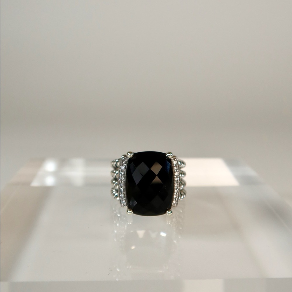 David Yurman Wheaton Ring, Sterling Silver with Black Onyx and Diamonds, Size 7
